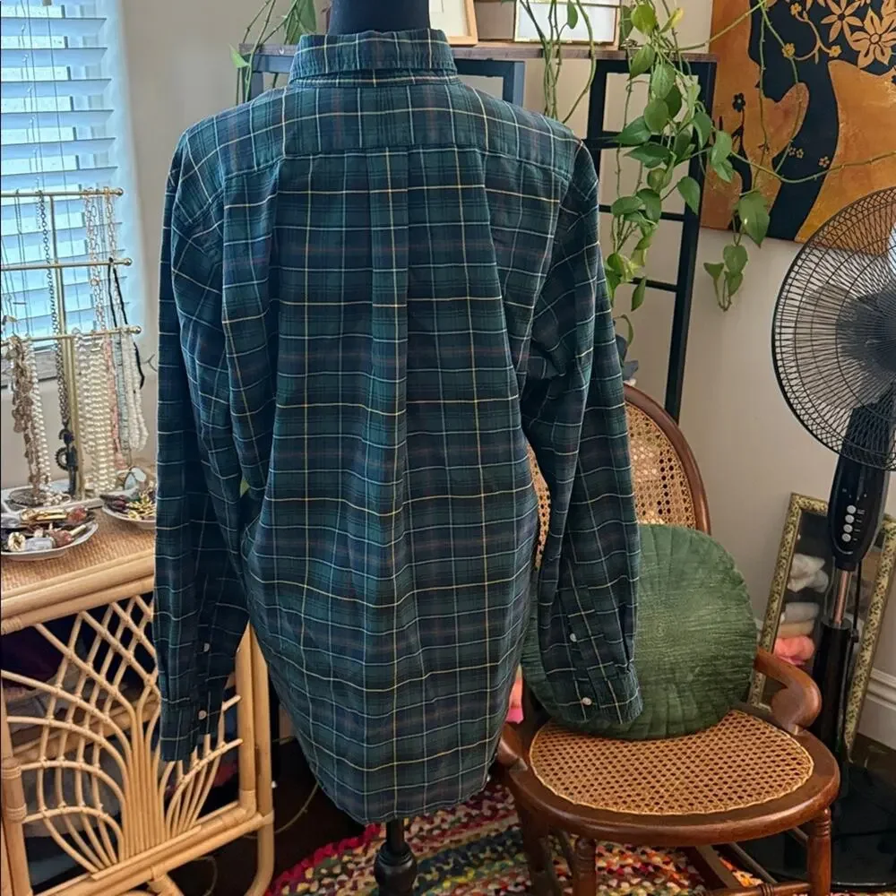 Vintage 80s Polo Ralph Lauren Men’s Preppy Green Tartan Plaid Button Up Shirt